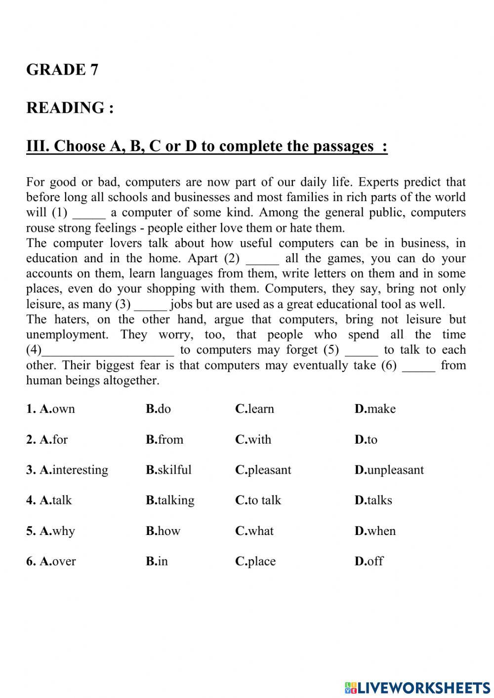 GRADE 7 - Ôn thi giữa kỳ 1 -2122- Reading 3