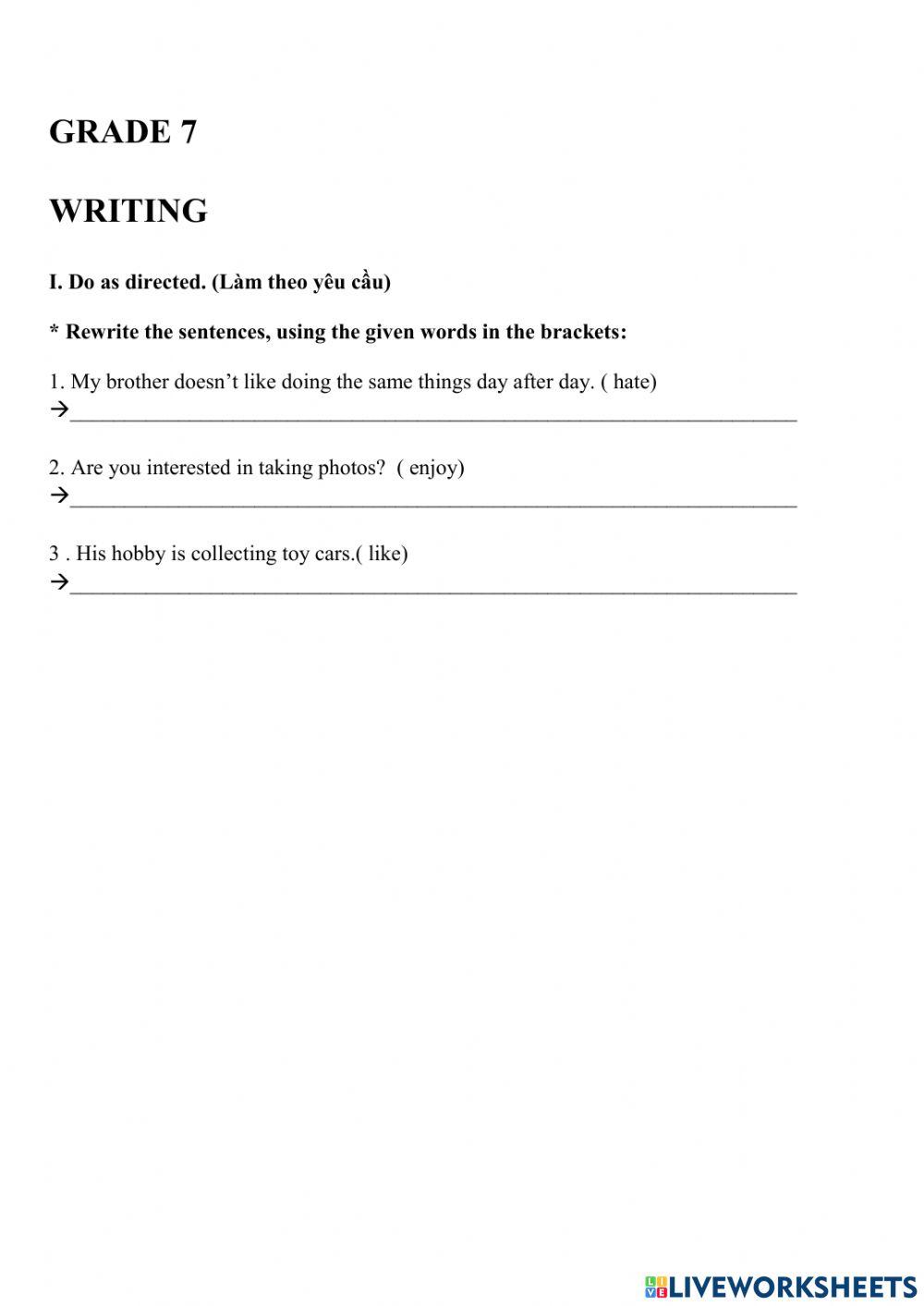 GRADE 7 - Ôn thi giữa kỳ 1 -2122- writing 1