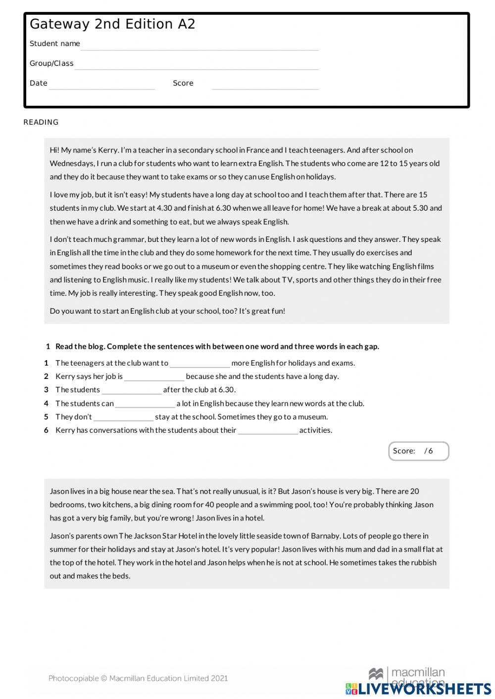 Part 2 reading a2 worksheet | Live Worksheets