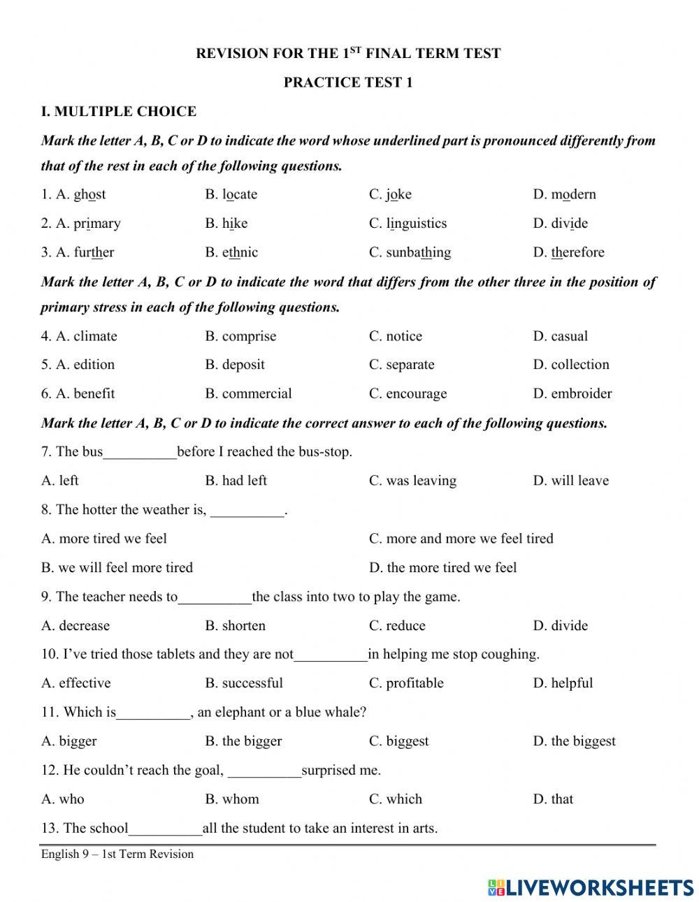 E9-REVISION FOR THE 1ST TERM FINAL TEST - PRACTICE 1