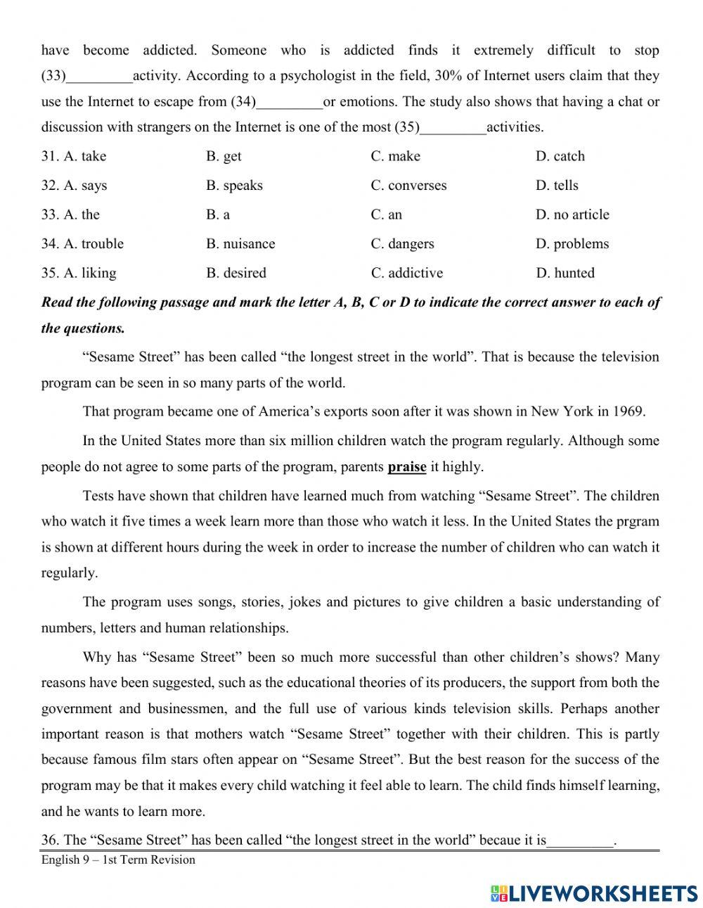 E9-REVISION FOR THE 1ST TERM FINAL TEST - PRACTICE 1