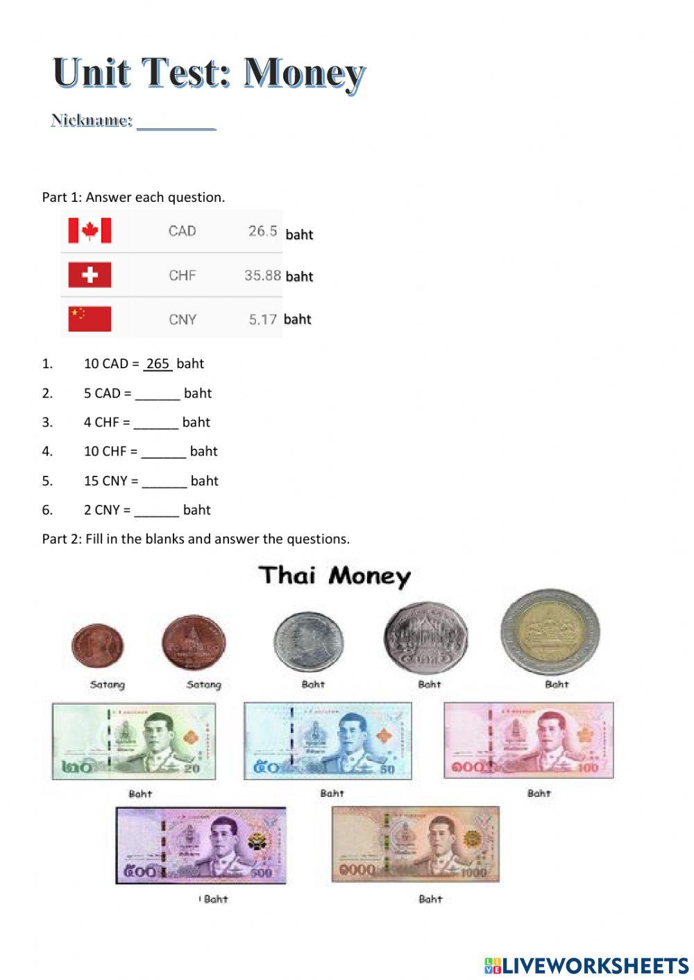 Money (Thai Baht) for Grade 4 Students