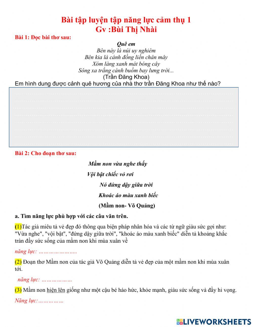 Bài tập cảm thụ 1