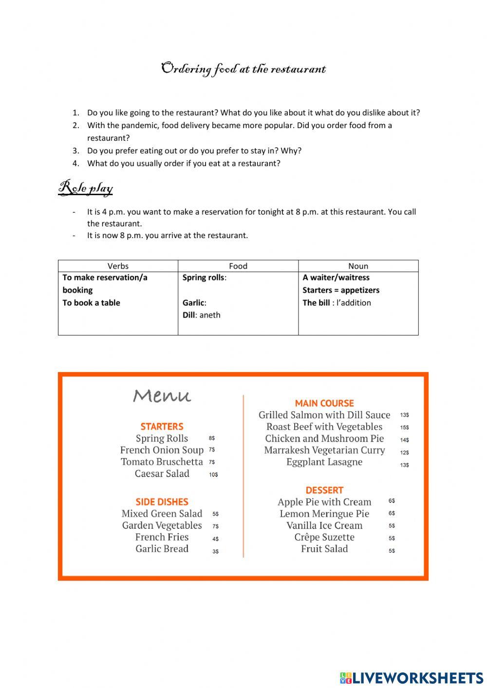 Ordering food at the restaurant