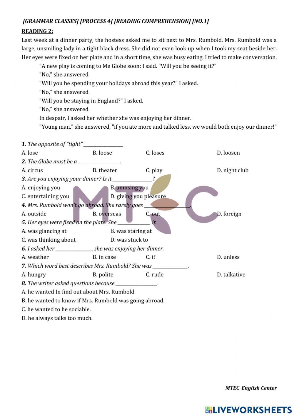 Grammar - reading comprehension 1