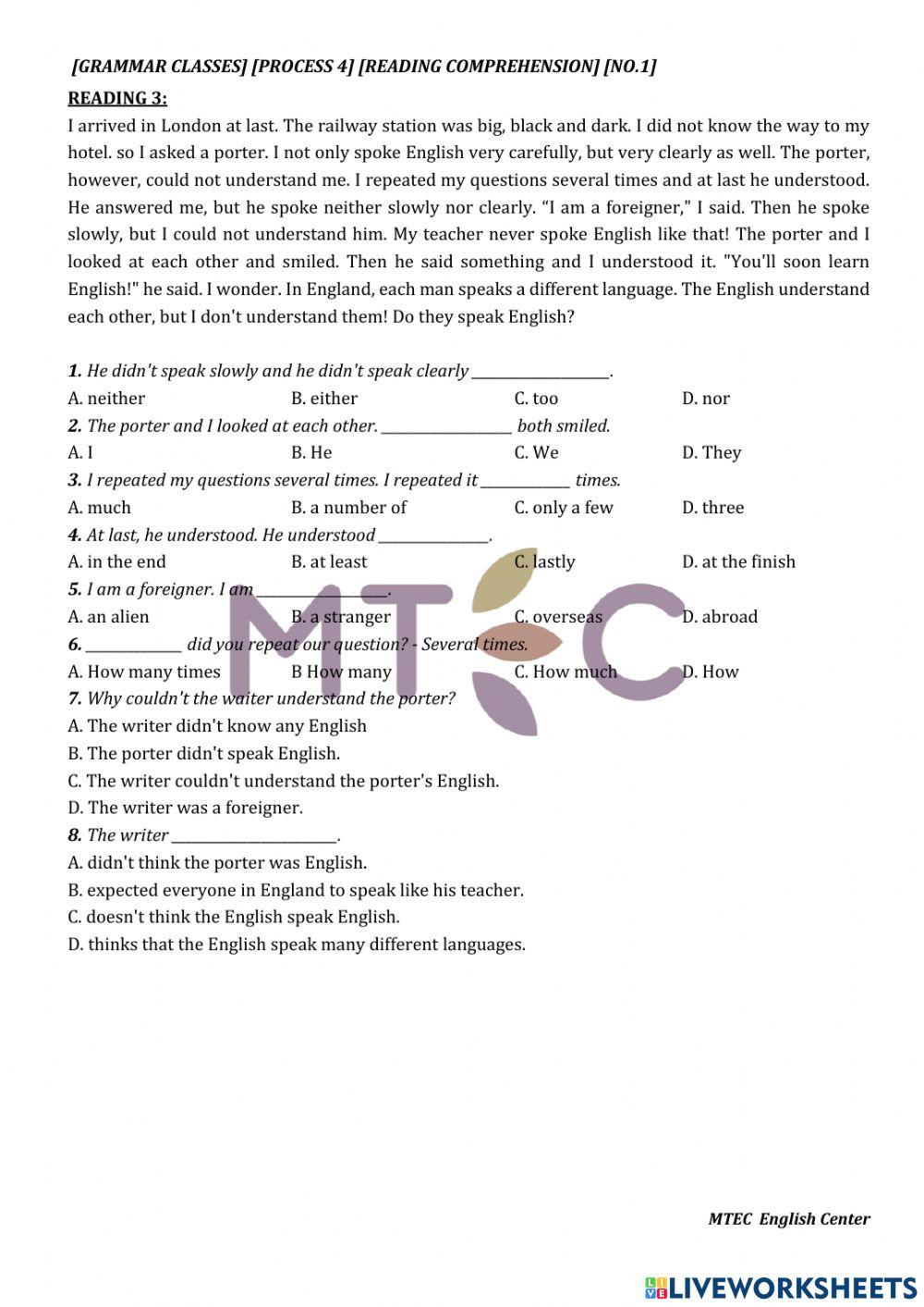 Grammar - reading comprehension 1