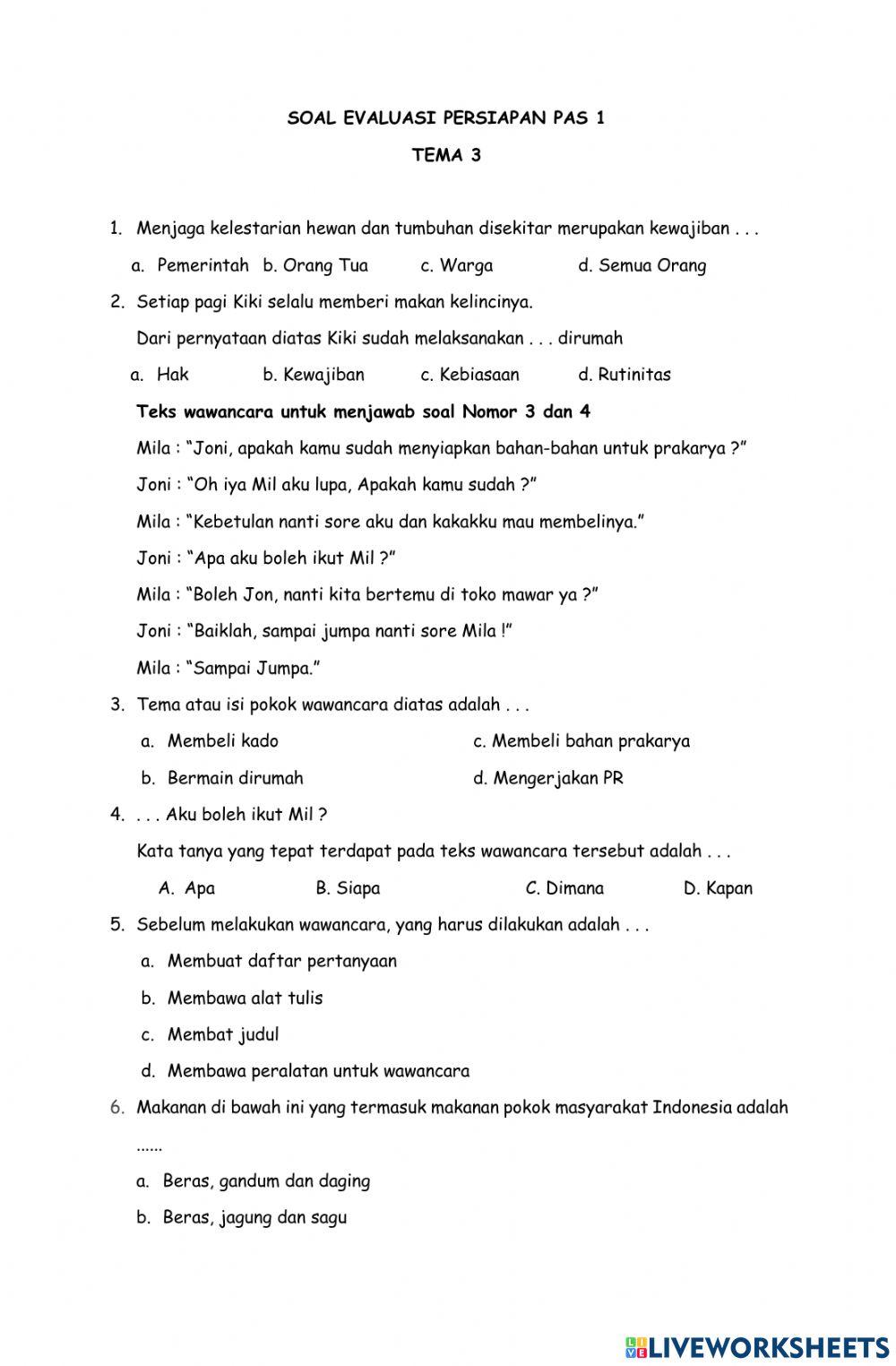 Soal evaluasi tema 3
