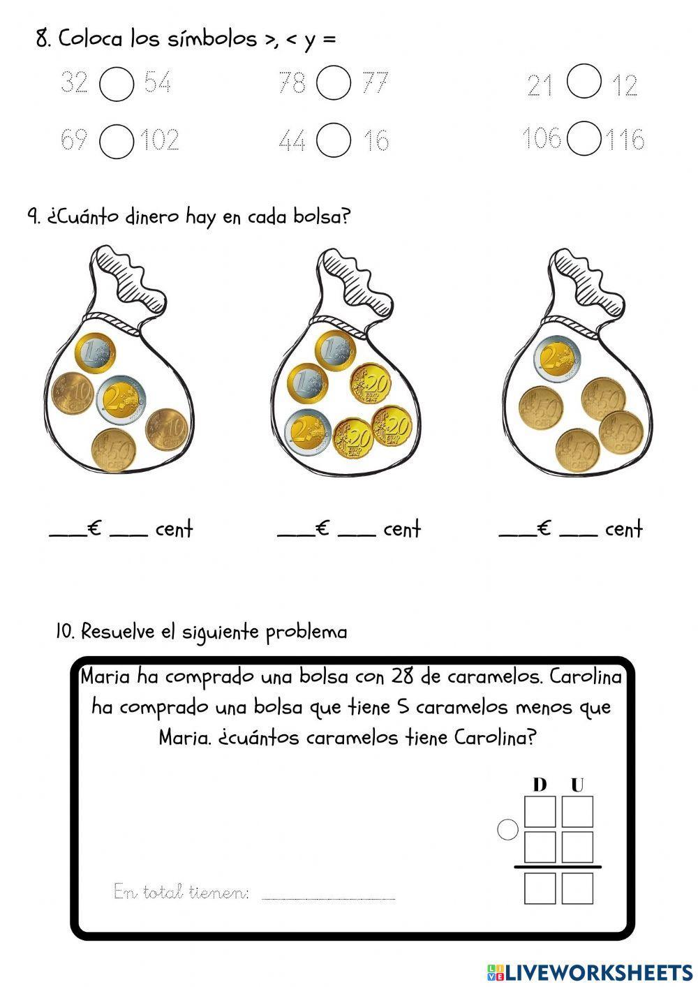 Monedas euro, mayor que, menor que, problema