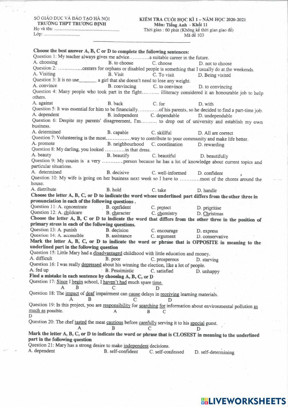 Y11 Final test 1 - T.Đ