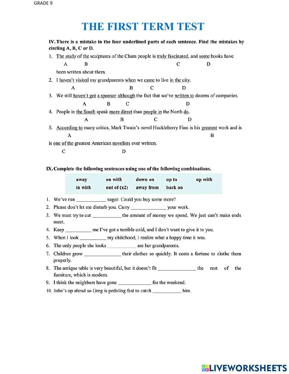 Test reviev g9 worksheet | Live Worksheets