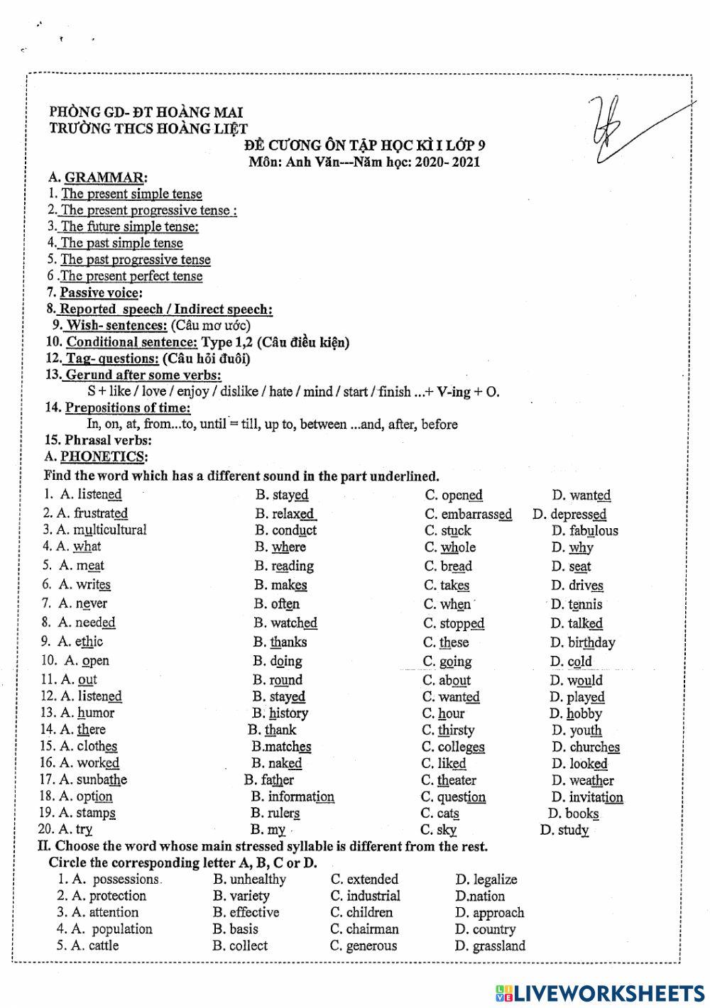 Y9 Review for Final term 1 - H.L
