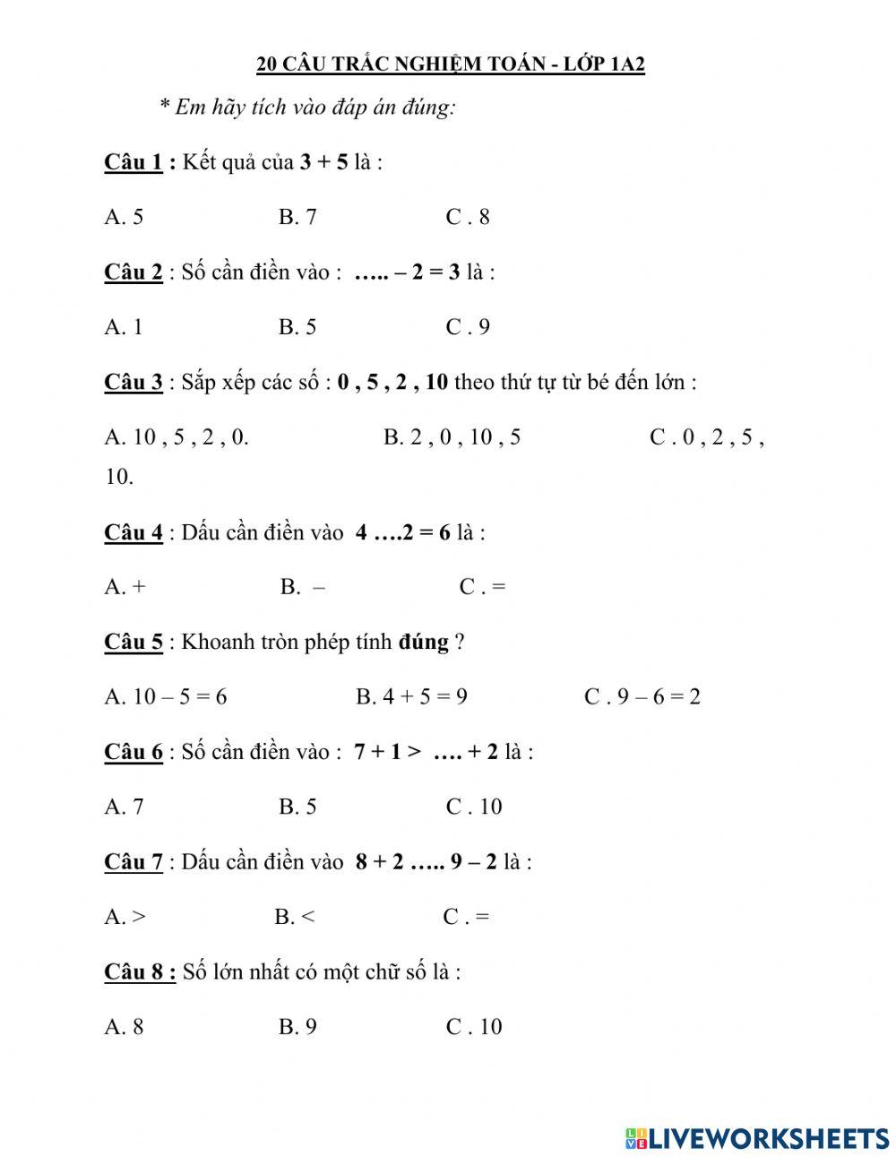 20 câu trắc nghiệm