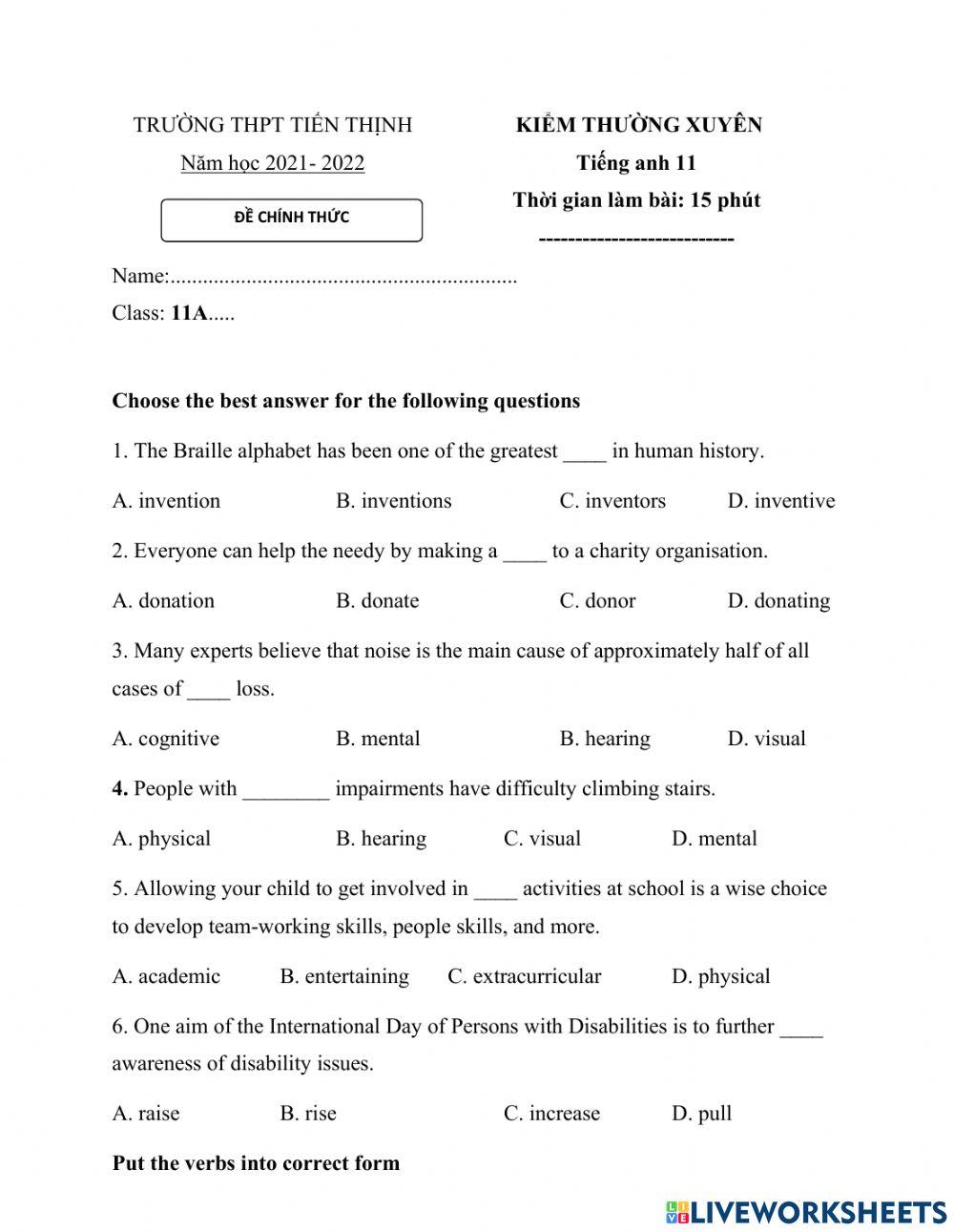 De kiem tra thuong xuyen mon tieng anh 11 lan 2 online exercise for