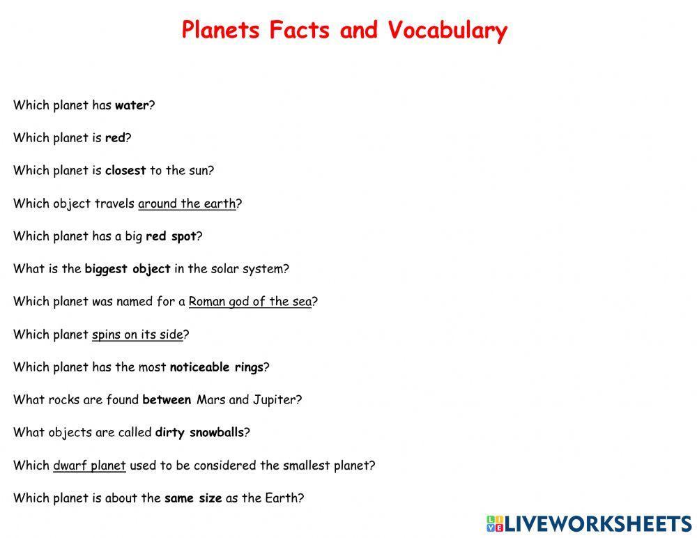 Planets Facts and Vocabulary
