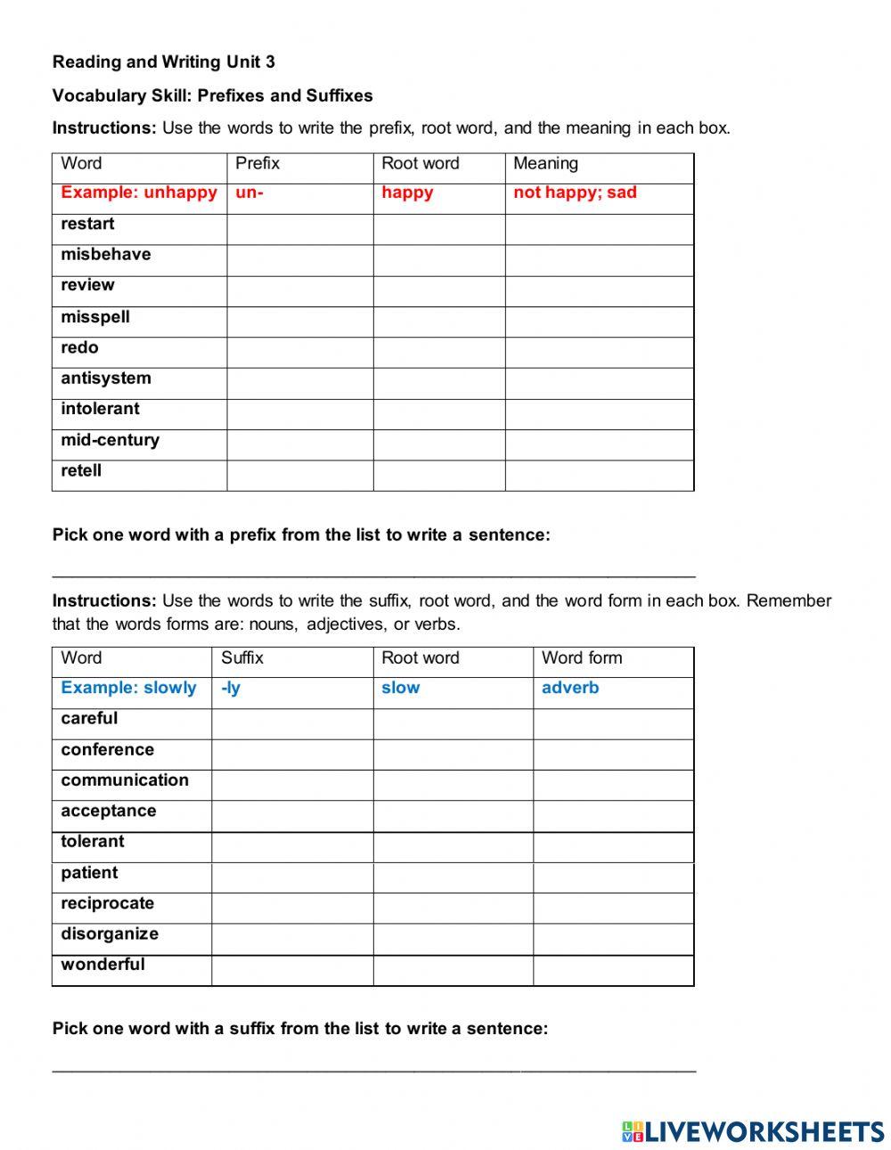 Vocabulary skill: prefixes and suffixes