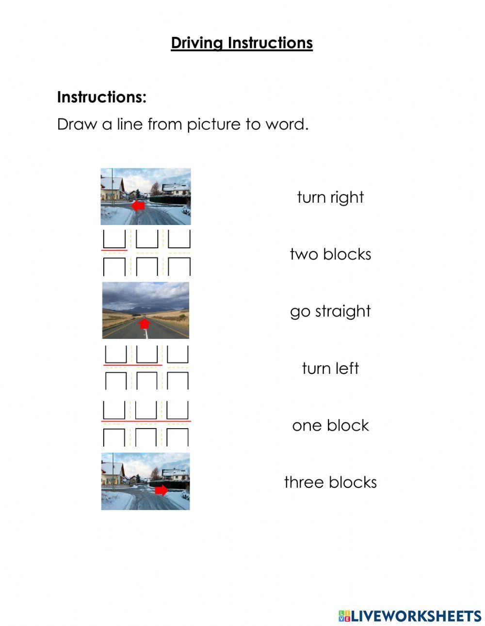 Driving instructions worksheet live worksheets