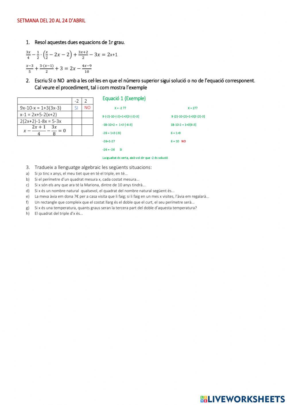 LES EQUACIONS DE 1r GRAU. Comprovació 
