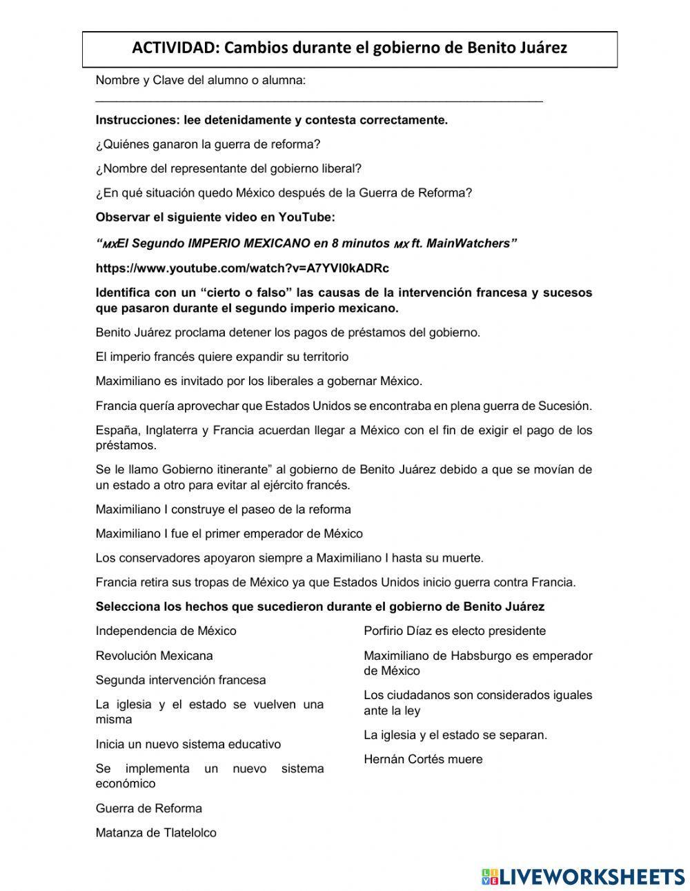 Cambios durante el gobierno de Benito Juárez