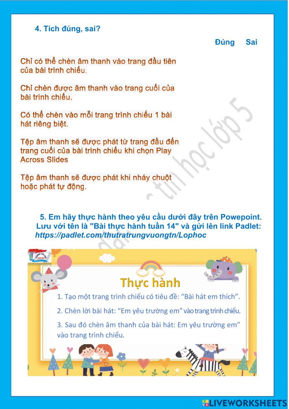 Tin học lớp 5-Tuần 14-CĐ3-Bài 3: Chèn âm thanh vào bài trình chiếu