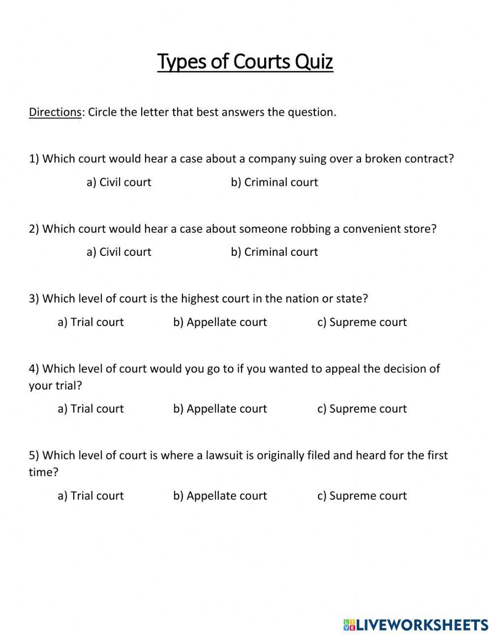 Unit 5B Types of Courts Quiz Text Only