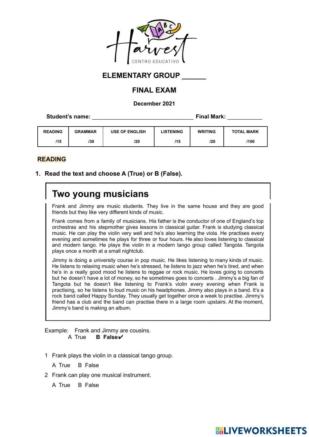 Elementary - Final Exam