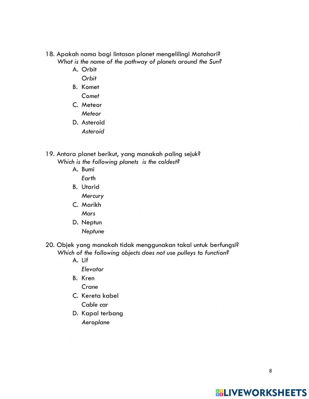 Pembetulan pentakdiran sains tahun 3