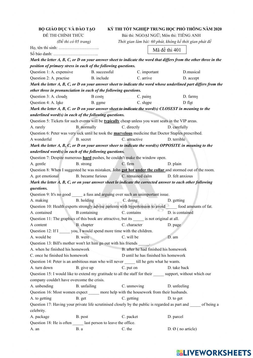 Đề thi TNPT tiếng Anh 2020-Ms. Thao