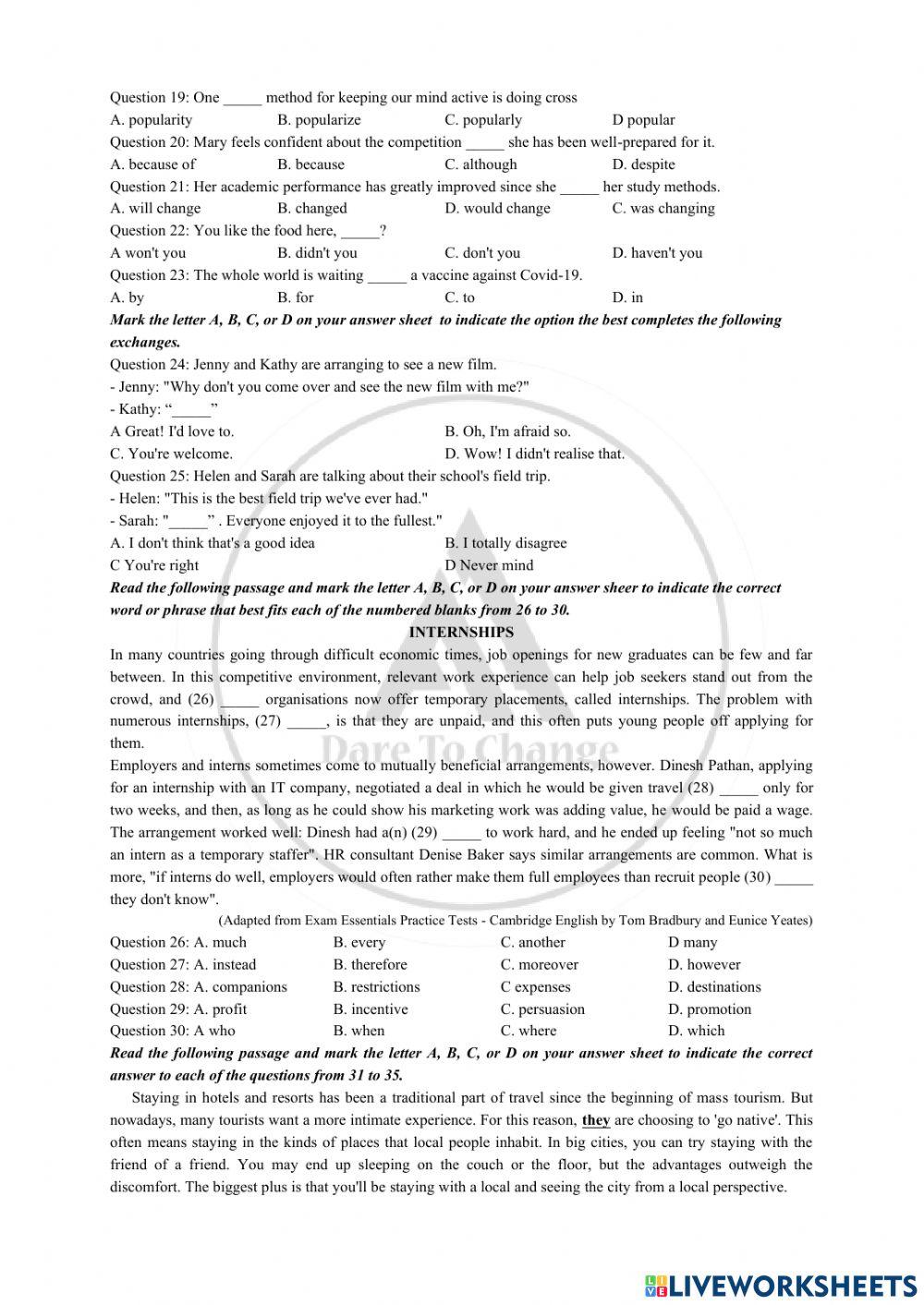 Đề thi TNPT tiếng Anh 2020-Ms. Thao