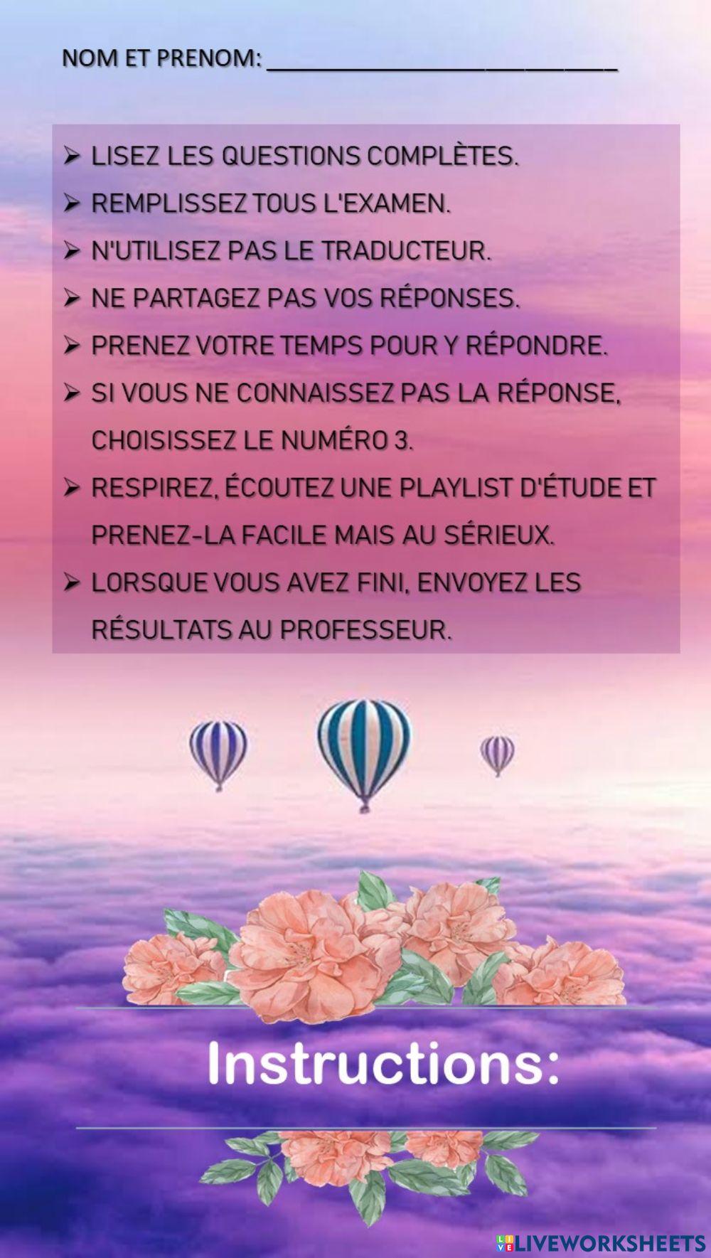 Examen Francés instrucciones Campamento Honne Umi