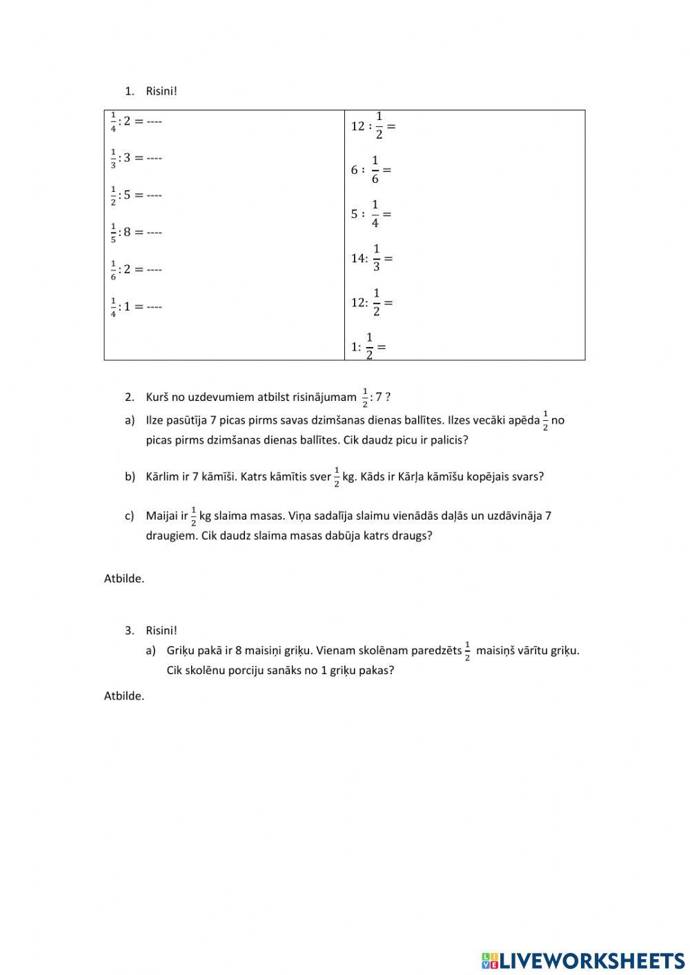 Pamatdaļu dalīšana ar veselu skaitli, vesela skaitļa dalīšana ar pamatdaļu