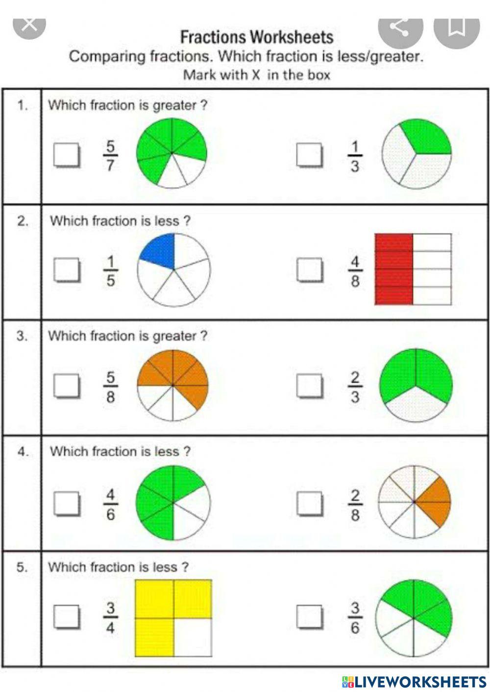 Liveworksheet on comparision of fractions