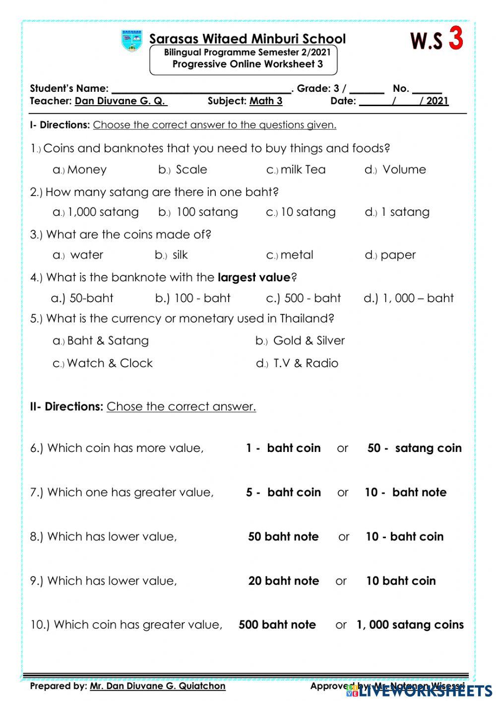 MATH 3 LIVE WORKSHEET 3 online exercise for Live Worksheets