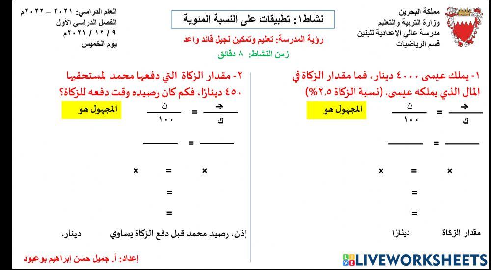 نشاط1: تطبيقات على النسبة المئوية