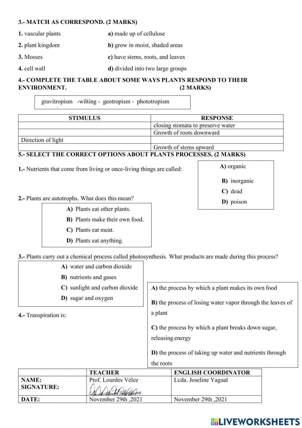 Plants characteristics and processes