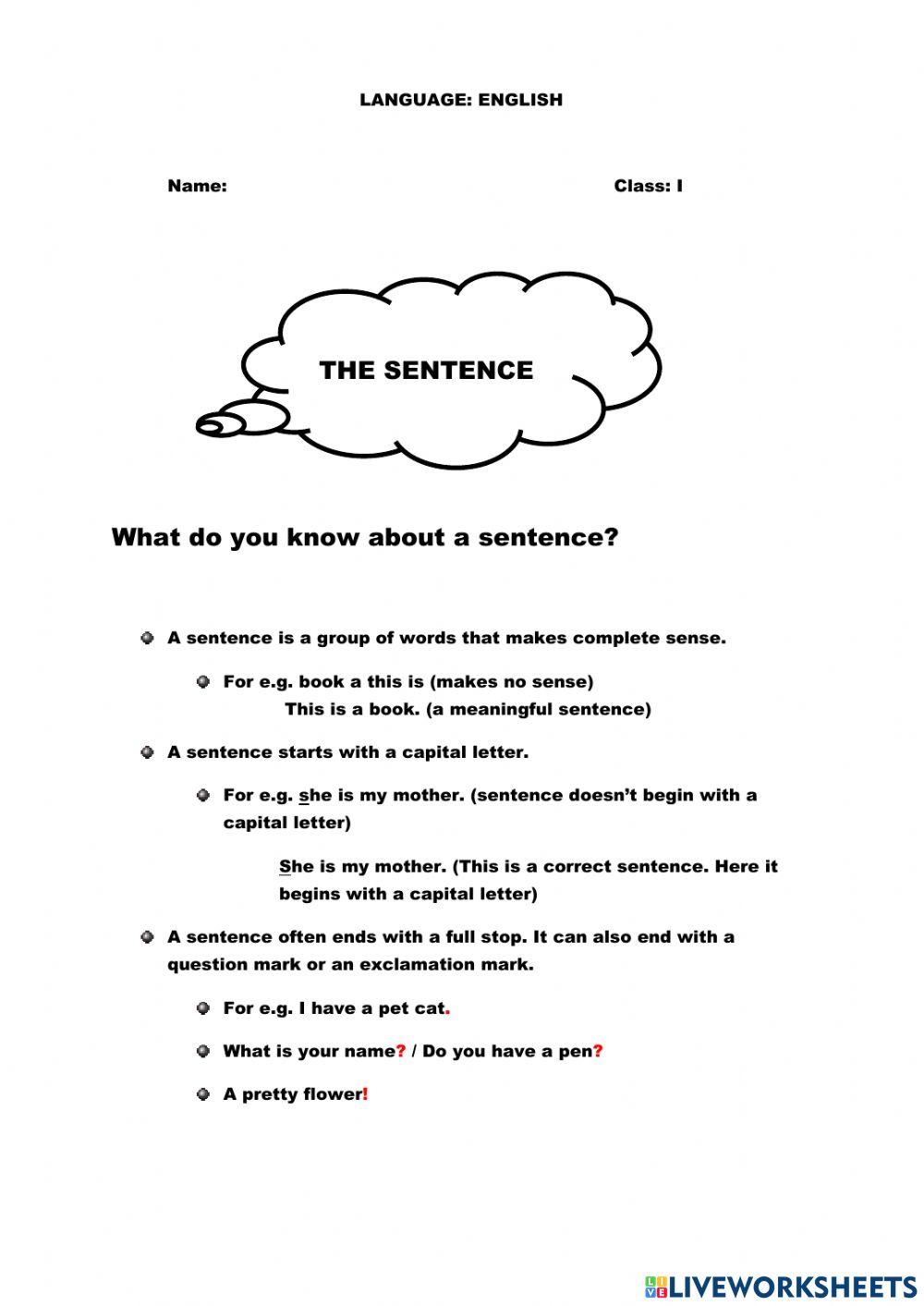 Sentences Worksheet With Notes