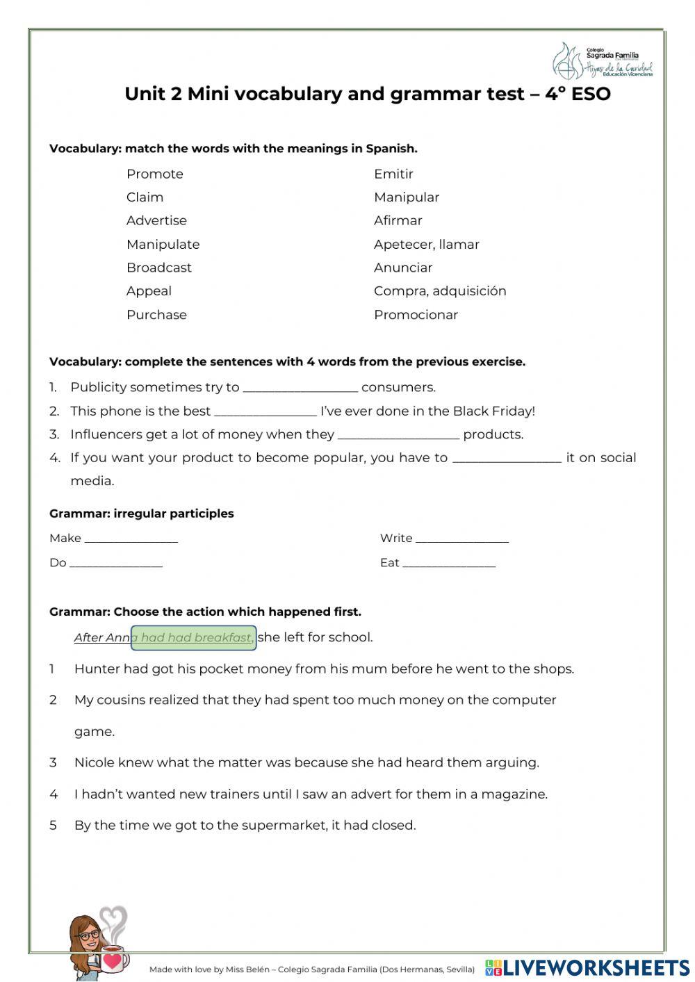 Mini grammar and vocabulary test - Unit 2