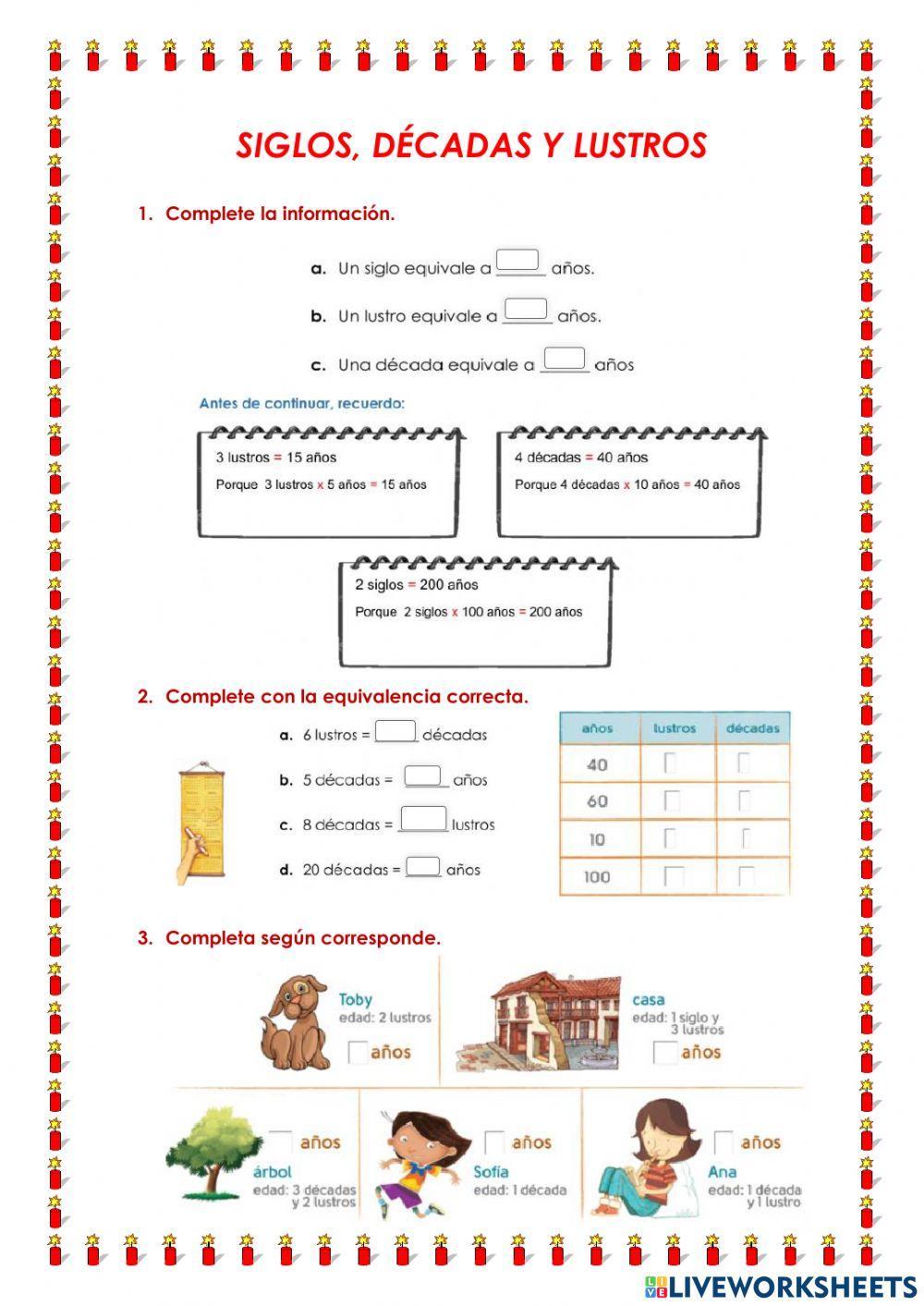 Siglos. décadas y lustros worksheet Live Worksheets