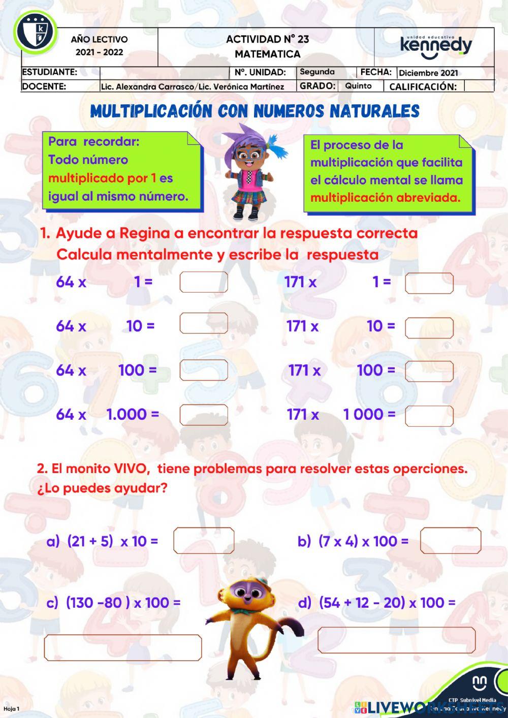 Multiplicaciones de numeros naturales por 10, 100 y 1.000