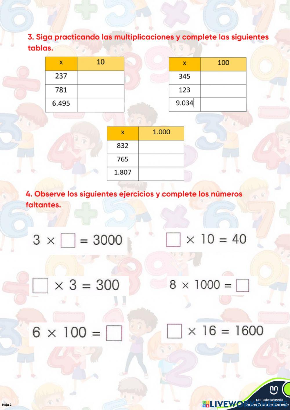 Multiplicaciones de numeros naturales por 10, 100 y 1.000