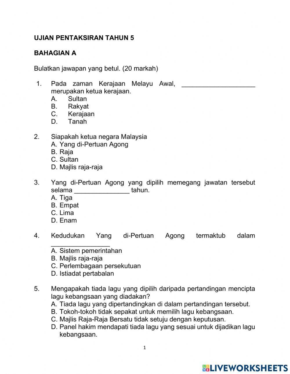 Ujian pentaksiran sejarah tahun 5 Ujian pentaksiran sejarah tahun 5