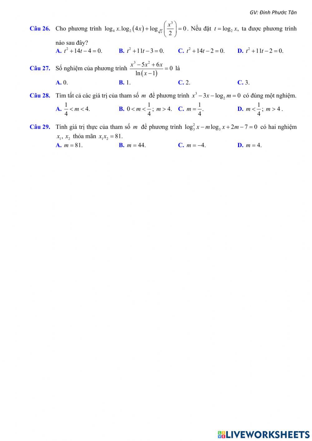 Phương trình mũ, logarit