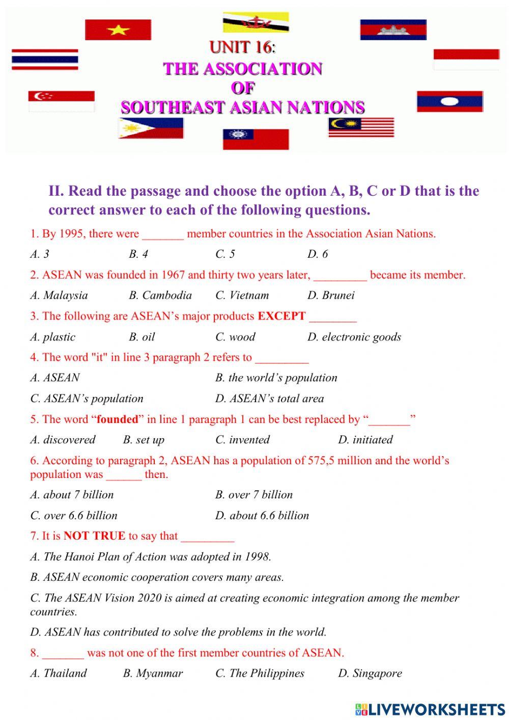 UNIT 16: THE ASSOCIATION  OF  SOUTHEAST ASIAN NATIONS- Reading