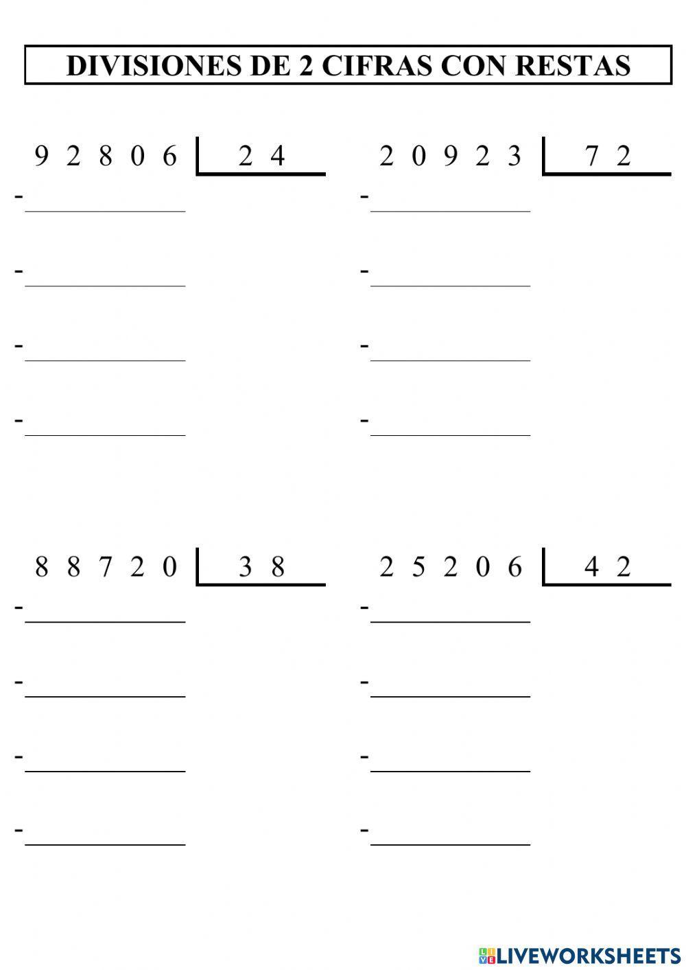 Divisiones de 2 cifras con restas - 1