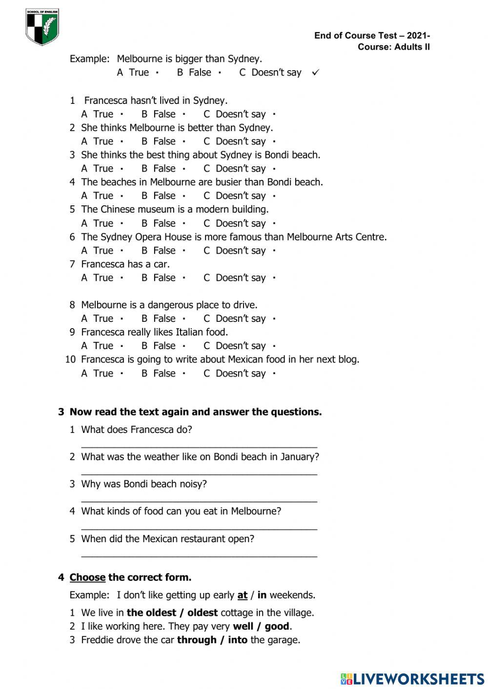 End of the year test