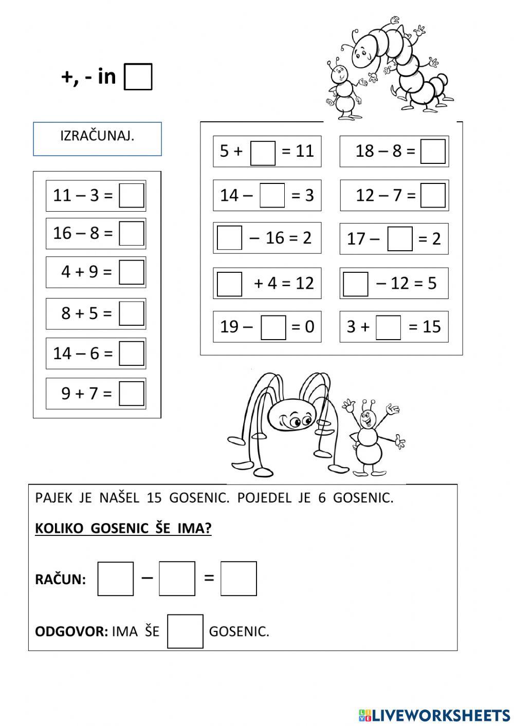 Računamo do 20 s prehodom (+, -, enačbe)