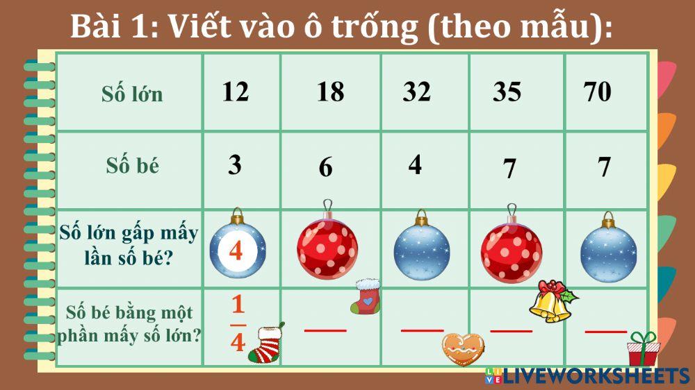 Toán 3- So sánh số bé bằng một phần mấy số lớn