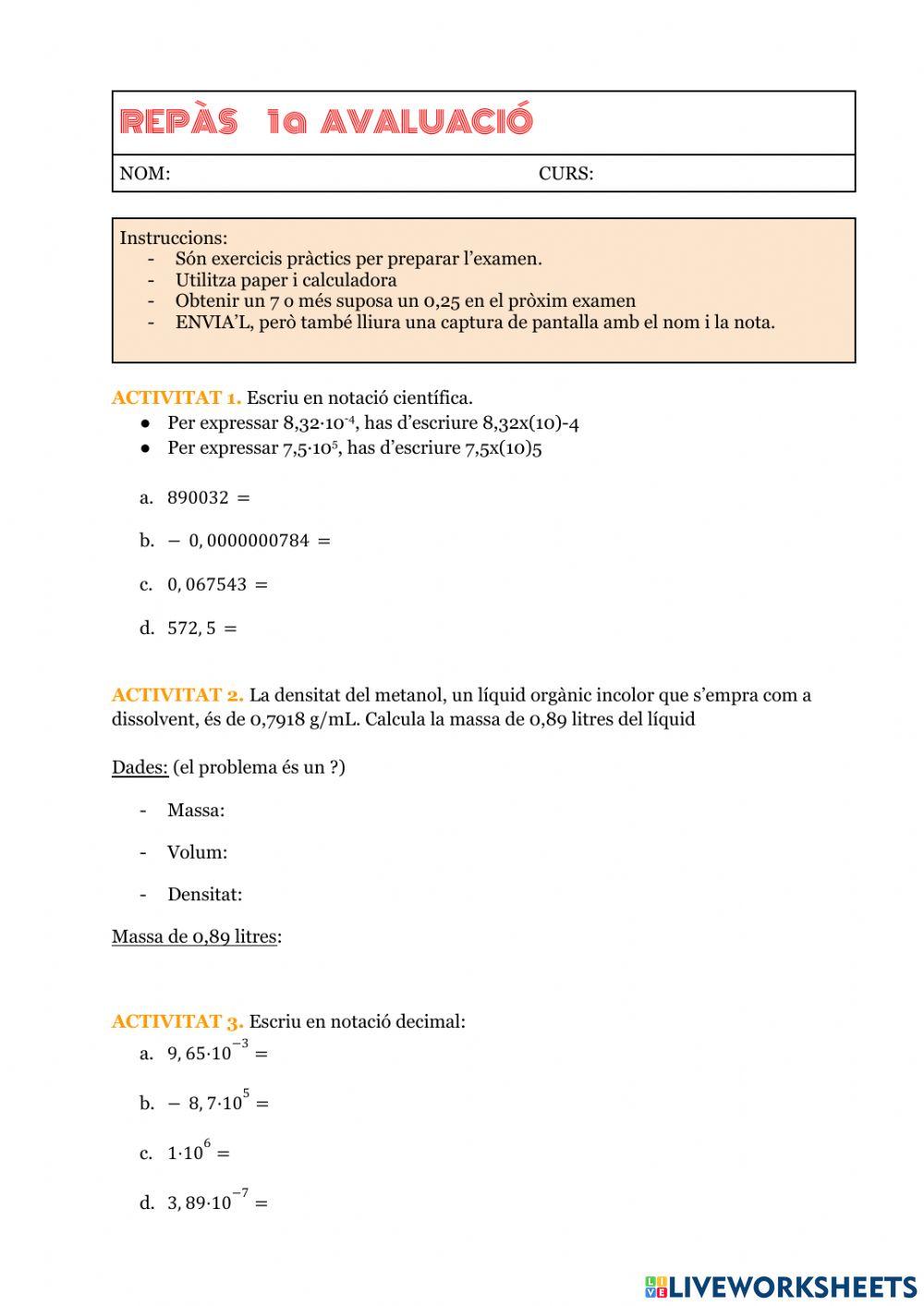 Factors de conversió, notació científica i densitats