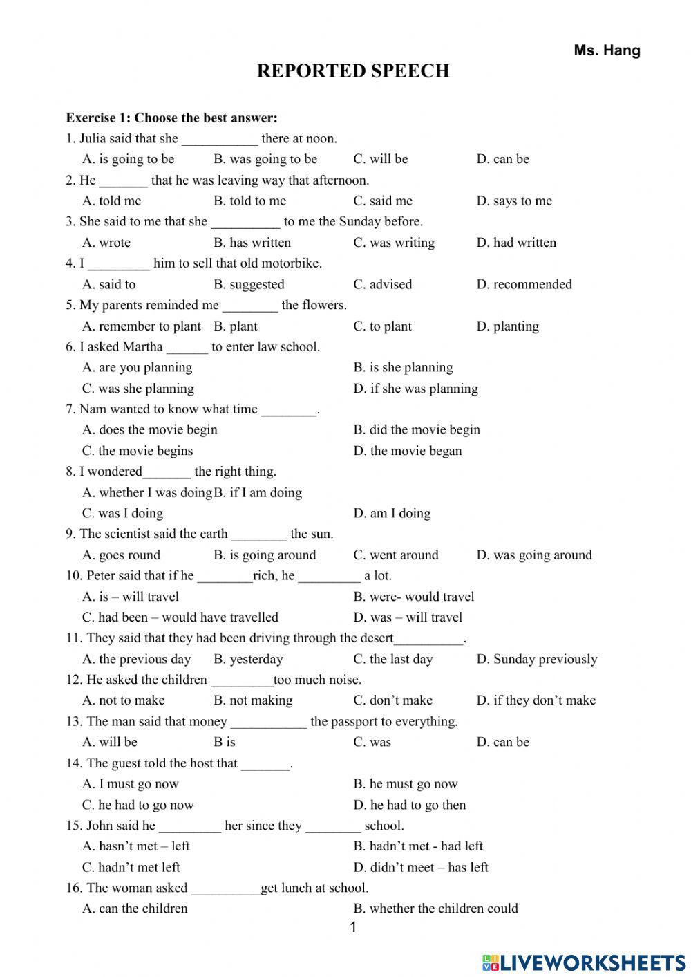Exercise - reported speech worksheet | Live Worksheets