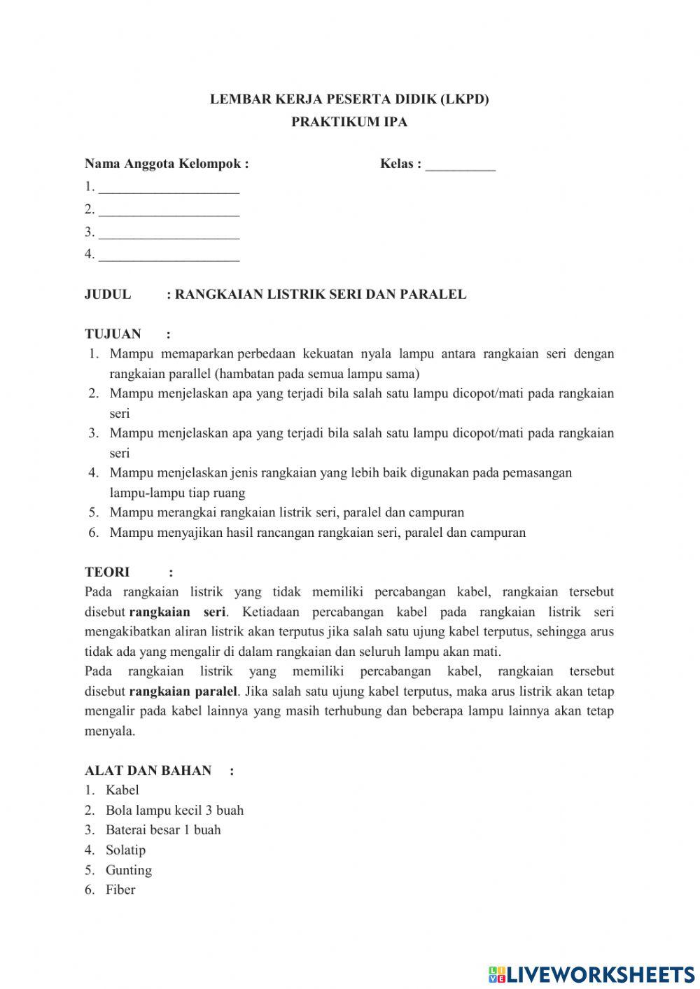 Lembar kerja peserta didik (lkpd) rangkaian listrik seri dan paralel