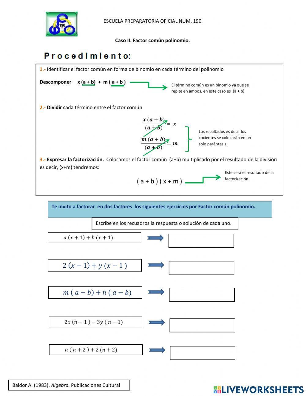 Factorización. Factor común polinomio.